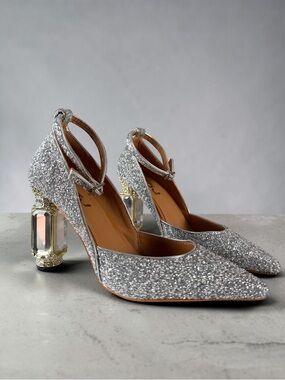 FSJ Silver Glitter Crystal Heels Mirrored Gold Accent Heels Glam Size 10